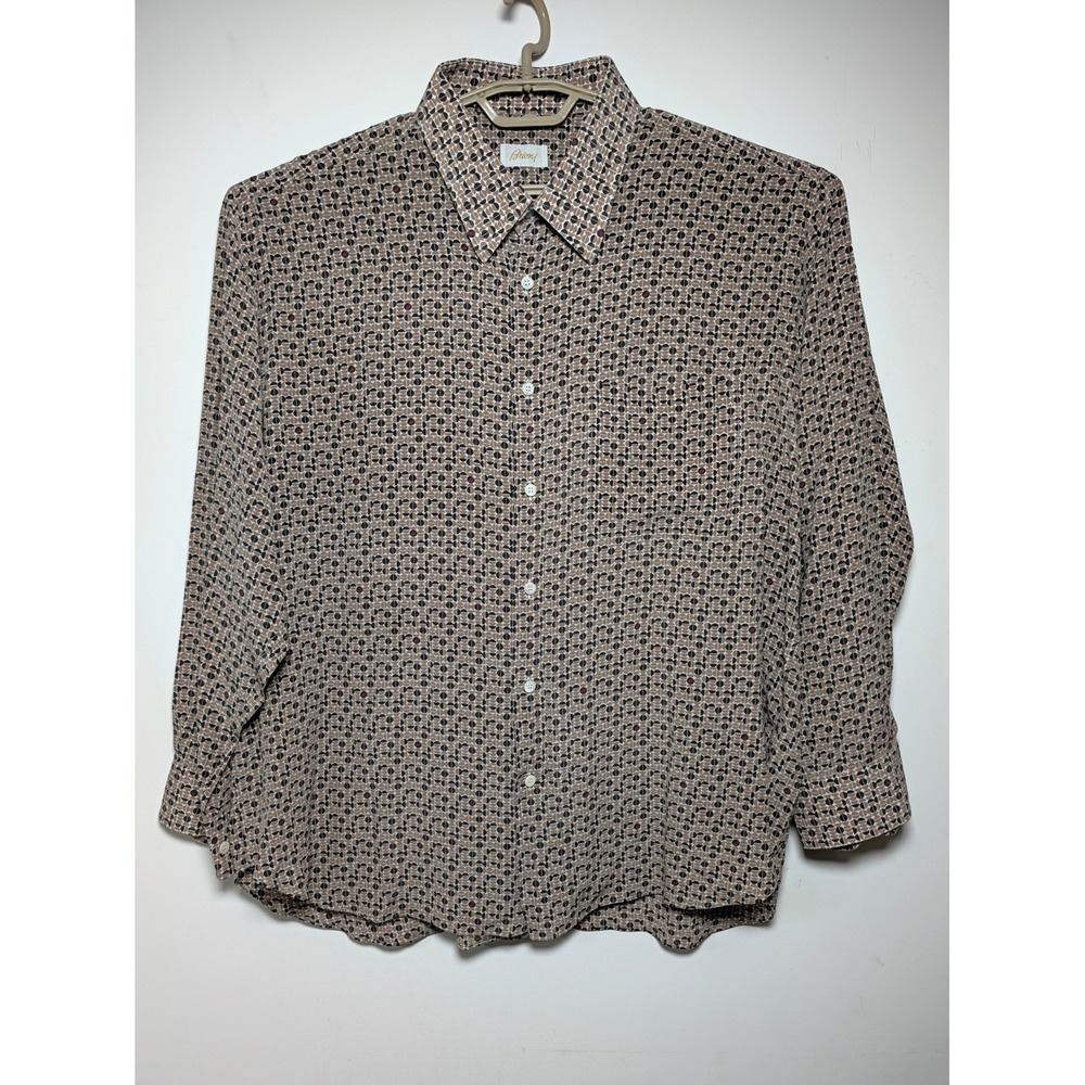 Brioni Mens Silk Shirt Coffee Bean B Logo Print Brown Long Sleeve Italy XXL